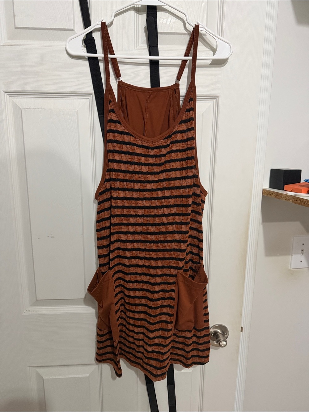Striped Rust and Black Sleeveless Pocket Romper